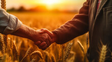 Two Farmers Shake Hands In Front Of A Wheat Field.generative Ai
