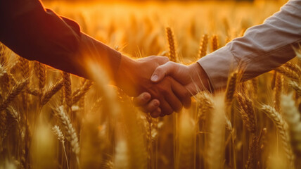 Two farmers shake hands in front of a wheat field.generative ai