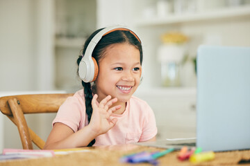 Sticker - Video call, laptop and child in headphones, audio technology and online class for home education or e learning. Virtual school, wave hello and girl student listening on computer on teaching platform