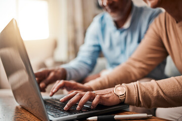 Canvas Print - Relax, laptop and search with hands of couple in living room for social media, website and internet. Technology, email and news with closeup of people at home for communication, online and connection