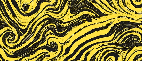 Wall Mural -  Wavy and swirled black and yellow brush strokes vector seamless pattern from Generative AI