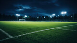 Fototapeta Sport - Lights shine brightly on the soccer field, ready for action