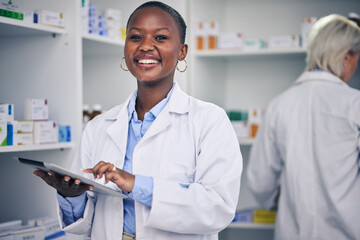 Poster - Portrait of pharmacist, black woman with tablet and checklist for stock medicine, information and advice. Digital list, pharmacy and medical professional with smile, online inventory and telehealth.