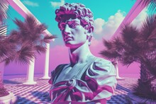 A Digitally Manipulated Artwork With Vaporwave Motifs, Such As Greek Statues, Palm Trees, And Checkerboard Patterns, Perfect For Graphic Design And Digital Media. Generative AI