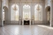 Luxurious vintage interior with fireplace in the aristocratic style. Large Windows and mirrors. Columns and arches, ornament on the glossy floor