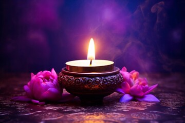 Colorful burning candles on purple background for diwali celebration