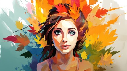 Wall Mural - Portrait of a beauty woman in the colorful forest background. Abstract girl in the color wood. Digital art watercolor oil paint style.