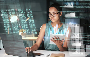 Poster - Laptop hologram hud, stock market or woman review finance chart, IPO database graph or future night overlay. Forex investment ui, online data analysis or African broker trading NFT, bitcoin or crypto