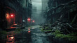 Dark street in dystopian city in rain, gloomy dirty alley with buildings overgrown with grass and plants. Scenery of cyberpunk futuristic town at night. Concept of future, grunge