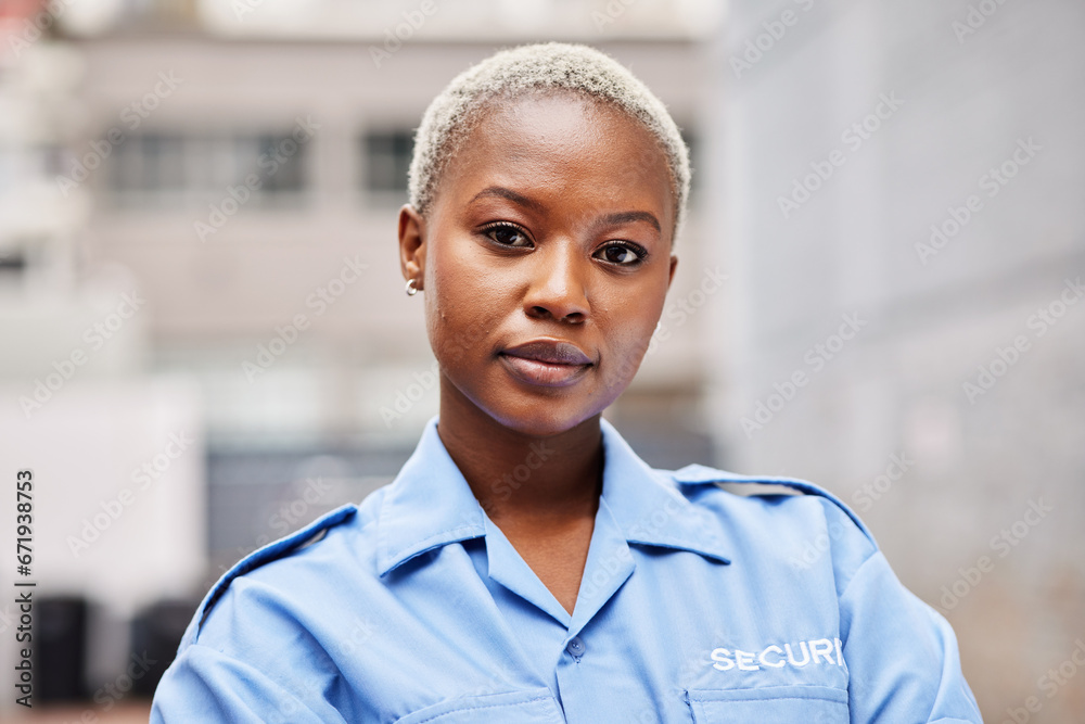 Portrait, woman and security guard in city for surveillance service, safety and patrol. Law enforcement, bodyguard or face of black female police officer in blue shirt for crime watch in urban street