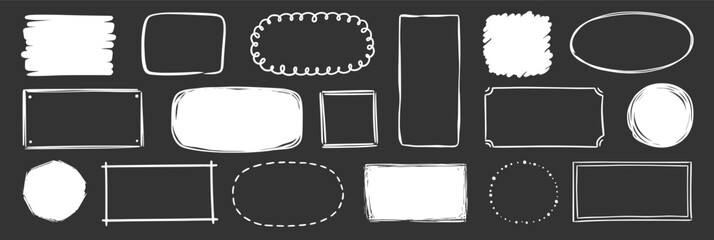 Wall Mural - Hand drawn doodle frame on chalkboard background. Box, square, rectangle, circle shape brush pen line stroke scribble element. Hand drawn simple oval, square frame text border. Vector illustration