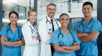 Poster - Medical, team of doctors or healthcare nurse in hospital for vision, motivation or leadership in hospital. Happy, teamwork or wellness people or workers for health, portrait or medicine in clinic