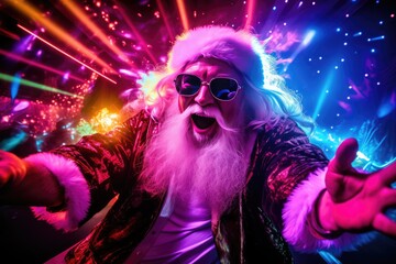 A fiery Christmas party with Santa Claus as a DJ mixing tracks on a DJ mixer. The New Year's party is filled with festive mood and fun. a night of fun.