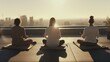 Women couple finds tranquility meditating on rooftop of building. Girl friends in yoga poses searching peace with tranquility meditate on rooftop of apartment building against city at sunset