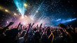 a live rock concert, party, or festival night club with an exuberant crowd cheering. The stage is aglow with vibrant lights, and confetti is falling from above