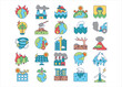 Global warming colored outline icon collection, world natural disaster vector illustration set