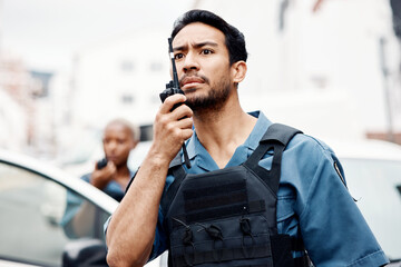 Poster - Asian man, police and walkie talkie for backup in city communication, reinforcement or emergency. African female person, security guard or cop radio calling team for crime in street of an urban town