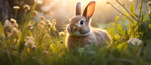 A Cute Little Gray Rabbit Crawls On The Grass In The Warm Sunshine 3