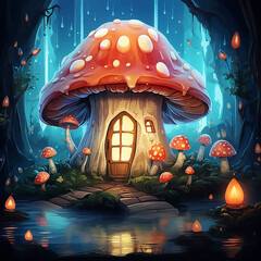 Poster - fantasy illustration mushroom fairy forest house fairytale nature magical grass background tale