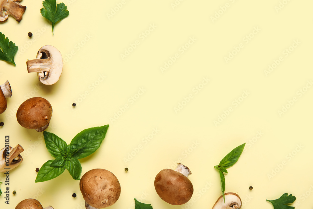 Fresh mushrooms with different spices on yellow background
