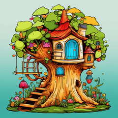 Sticker - house trees illustration nature vector cartoon design grass drawing home green landscape art wood