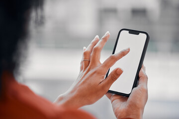 Canvas Print - Woman hands, phone screen and space for social media, online scroll and Web 3.0 ui or ux design mockup. Business person FAQ, information and contact on mobile technology typing, search and marketing