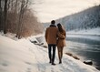Back view of loving couple walking by winter river. Man and woman hugging enjoying snowy landscape outdoors