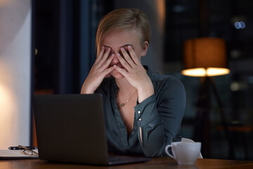 Poster - Headache, stress and woman on laptop at night project deadline, mental health risk and anxiety problem. Sad, depression and burnout of tired business person, employee or worker fatigue or frustrated