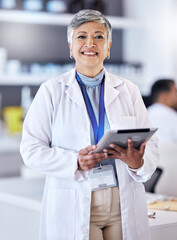 Sticker - Science, tablet and portrait of senior woman in laboratory for research, data analytics and study results. Healthcare, biotechnology and happy female scientist on digital tech for medical analysis