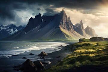 Wall Mural - Fantasy landscape with mountains and fjord. 3d rendering, Majestic summer scene of Stokksnes headland with Vestrahorn Batman Mountain on background, AI Generated