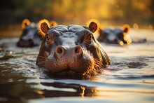 Hippos Basking In A River Under The Sun, Generative AI