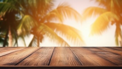 Wall Mural - Top of the wooden table with the beach background.