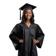 © Alan - portrait of an african american student graduated from university college study, png isolated on a white or transparent background; black girl female adult graduate smiling wearing gown and cap hat