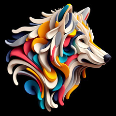  Wolf head, minimalistic colorful organic forms on a black background