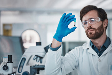 Poster - Science, blood and dna with a doctor man at work in a laboratory for analysis or research. Medical, innovation and sample with a male scientist working in a lab for development or breakthrough