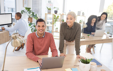 Poster - Leadership, portrait or manager coaching a worker in startup or group project together in a digital agency. Faces, laptop or happy black woman helping, working or speaking of our vision or branding