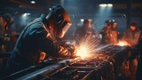 Fototapeta  - a team of welders in a factory, working on a large metal structure, using welding torches and rods, amidst sparks, wearing protective gear.Background