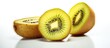 Creating an image using photo manipulations that showcases a visually appealing presentation of a kiwi with pineapple filling placed on a white background This photo expresses the idea of g