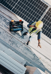 Poster - Phone call, air conditioner and maintenance person pointing HVAC machine, heat pump or roof inspection of aircon. Electrician top view, cellphone and rooftop technician talk about AC repair service