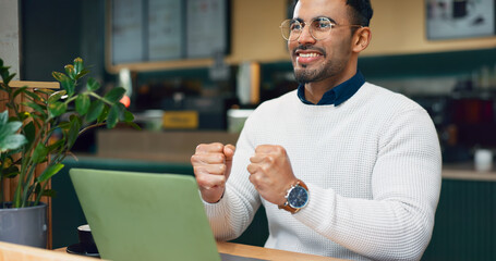 Poster - Coffee shop smile, laptop and man celebrate online research success, freelance project achievement or wow data report. Excited winner, diner cafe and customer happy for hospitality news announcement