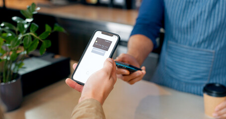 Aufkleber - Fintech, phone or hands of customer in cafe with cashier for shopping, sale or payment in checkout. Machine, bills or closeup of person paying for service, coffee or tea drink in restaurant or diner