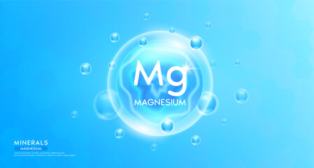 Wall Mural - Magnesium minerals inside blue bubble floating in the air. Vitamins complex essential supplement to the health care. For food  nutrition and medicine. Science medical concept. Banner 3D vector.