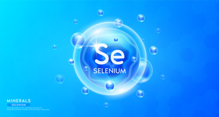 Wall Mural - Selenium minerals inside blue bubble floating in the air. Vitamins complex essential supplement to the health care. For food  nutrition and medicine. Science medical concept. Banner 3D vector.