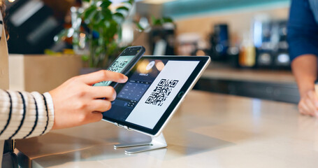 Sticker - Hands, phone and qr code in coffee shop, payment and fintech app with pos, deal and services with scanning in store. People, smartphone and machine for point of sale, banking and barcode in cafeteria