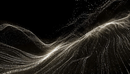 Wall Mural - Abstract flowing fluid white light particles on black background with copy space for text in concept technology, science, space, universe.
