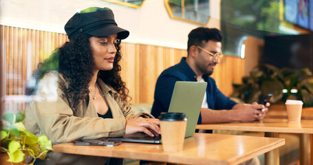 Poster - People coworking in cafe, typing on laptop and remote work, reading email or internet in restaurant. Computer, freelancer and copywriter in coffee shop, woman and man writing blog or article at table