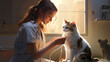 A veterinarian doctor examines a white cat in the clinic. Pet care and grooming concept