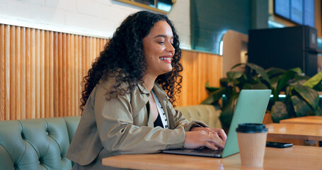 Wall Mural - Cafe, smile and woman with a laptop, typing and connection with inspiration, brainstorming and planning. Person, freelancer and entrepreneur with a pc, coffee shop or project with copywriting or idea