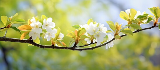 In the garden s backdrop a newly sprouted branch of a tree adorned with blossoms and foliage