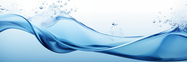 Horizontal water banner with wave effect, 3:1 resolution, blue color, water drops, space for text